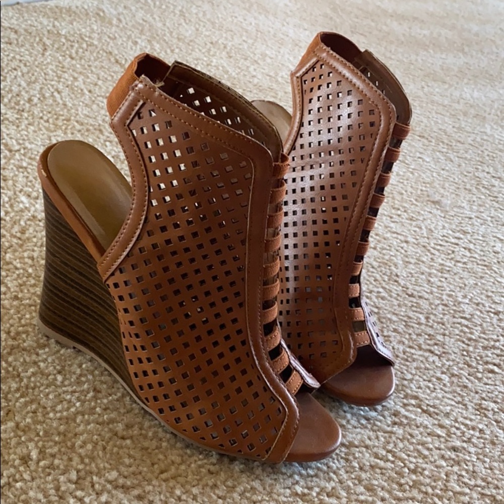 dark camel open toed heels